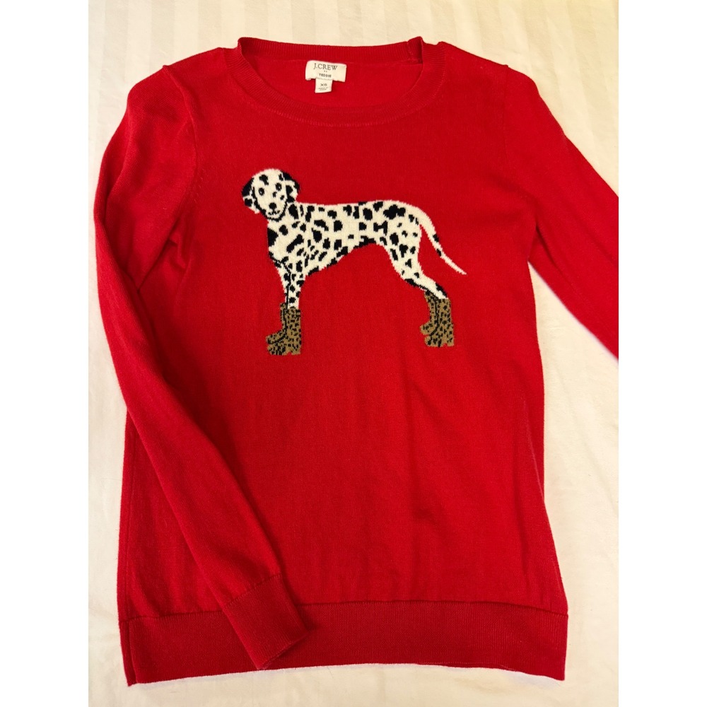 J.Crew Teddie Red Cotton Dalmatian Dog Intarsia Sweater XS